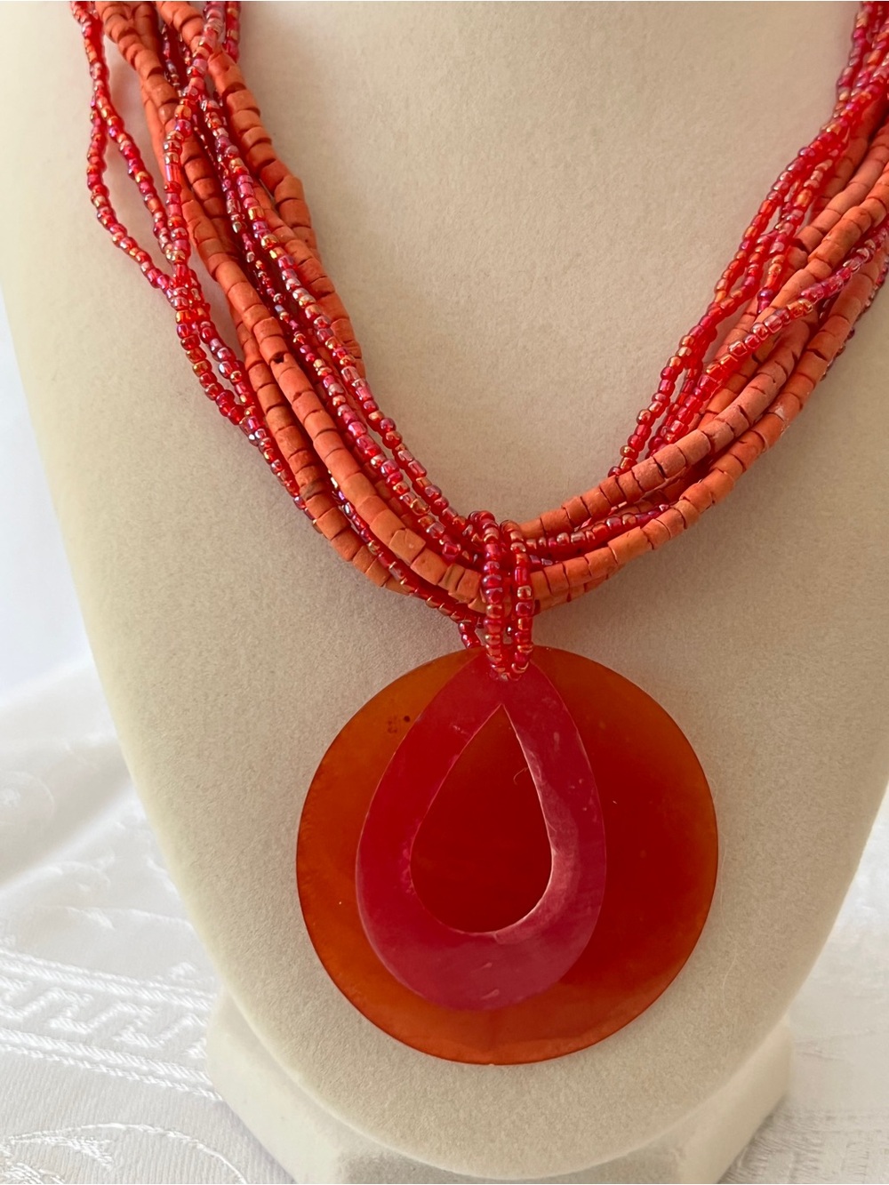 Vintage Coldwater Creek Orange and Red Multi-Strand Bead Necklace with Pendant - Picture 8 of 8